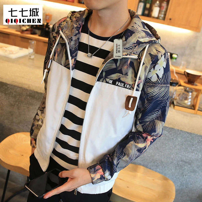 

2019 Spring Autumn Fashion Print Hooded Floral Jacket Men Thin Hooded Slim Casual Pathchwork Varsity Men Jackets and Coats 5XL
