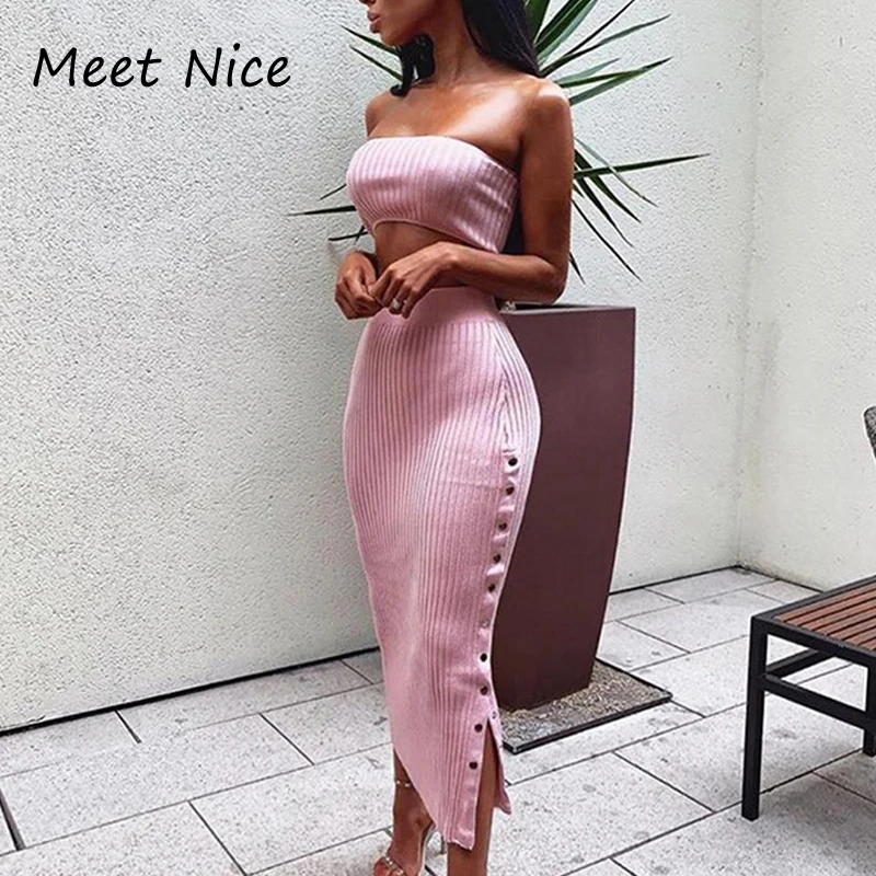 

2 Two Piece Set Women Crop Tops and Skirt Set Sexy Strapless Casual Short Top Rivet Clubwear Women's Sets conjunto feminino