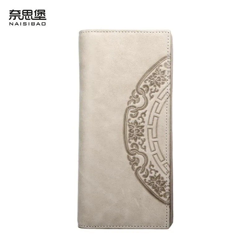 

NAISIBAO 2019 New Genuine Leather wallet top Cowhide Embossing Flower women wallet Simple soft leather women clutch bag