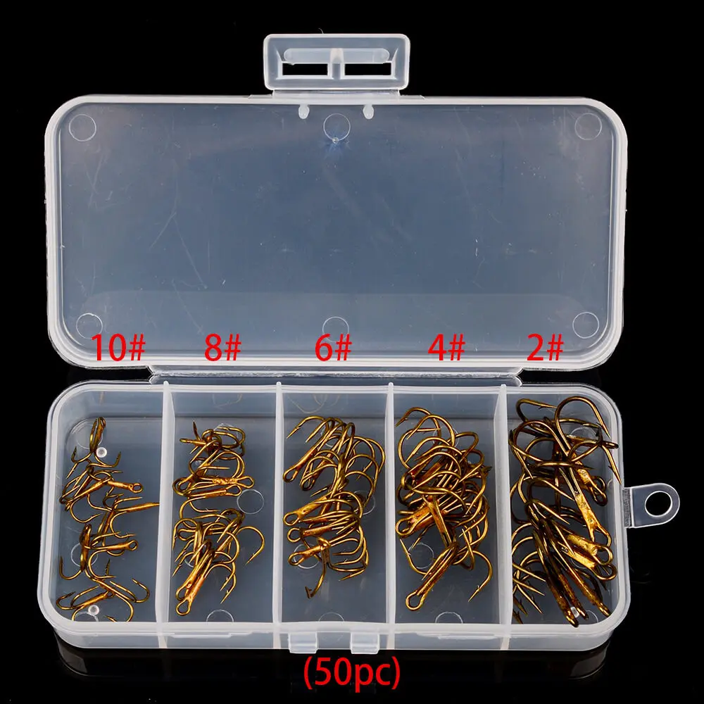 50pcsBox Mixed Size 246810# Treble Barbed Hook Fishing Bass Jig Hook Fishhook 3 Colors Jigs 10pcs each sizes weihefishing