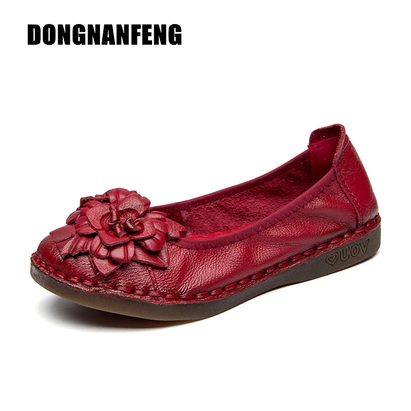 

DONGNANFENG Women Female Mother Old Shoes Flats Cow Genuine Leather Slip On Loafers Rubber Round Toe Floral Flower 35-40 SSK-825