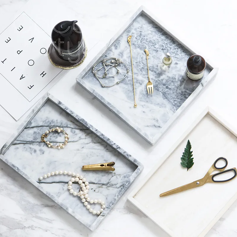 

Cocostyles InsFashion simple style rectangle and square grey white natural marble tray for japanese style home decor and storage