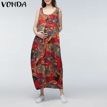 VONDA Одежда для беременных женщин летний Повседневный стиль, широкий крой без рукавов Макси длинное платье Беременность винтажный принт Vestidos 5XL