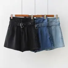 Fashion Summer Women High Waist Jeans Shorts Blue Black Belted Sexy Female Denim Shorts o ring detail self belted shorts