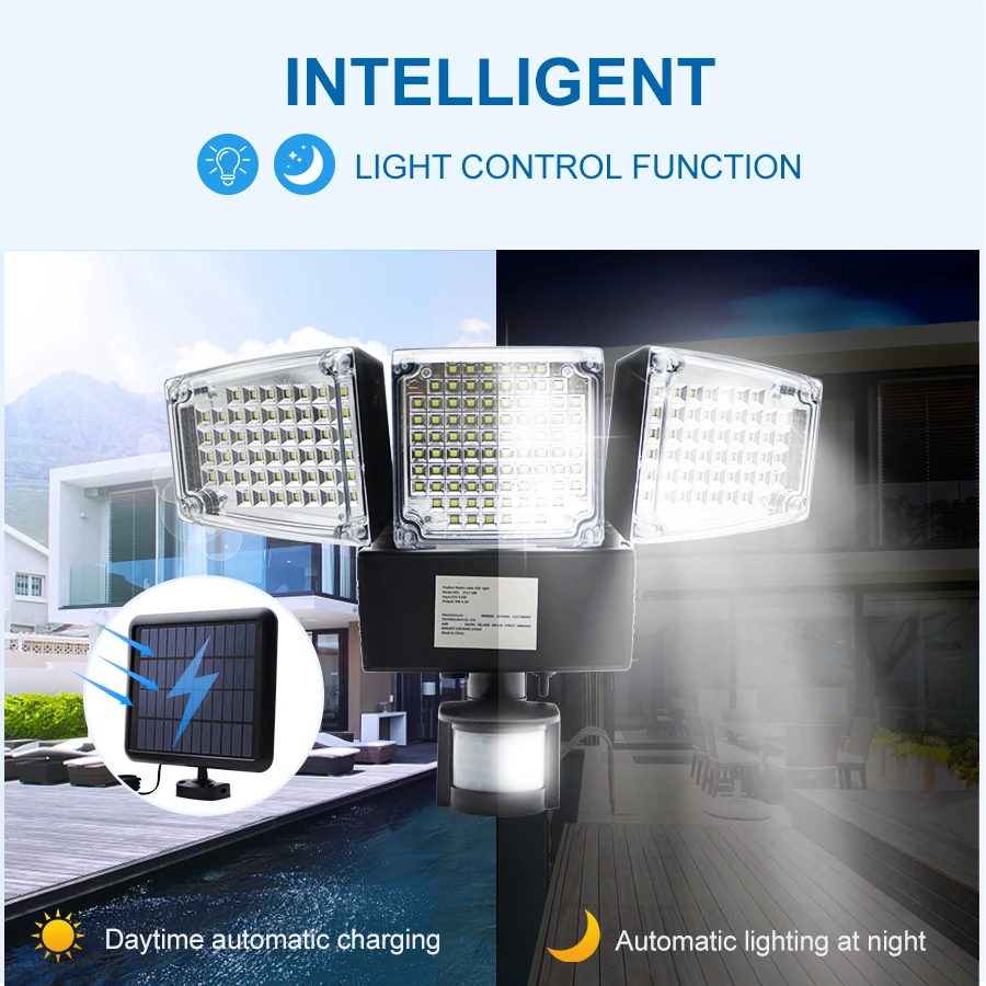 Sensor de Movimento Solares à Prova 1000lm ao ar Cabeça Tripla Solar Powered Pir Livre Ativado Inundação Lâmpadas Dwaterproof Água 188 Led Luz 6 188 led cabeça tripla luz solar powered