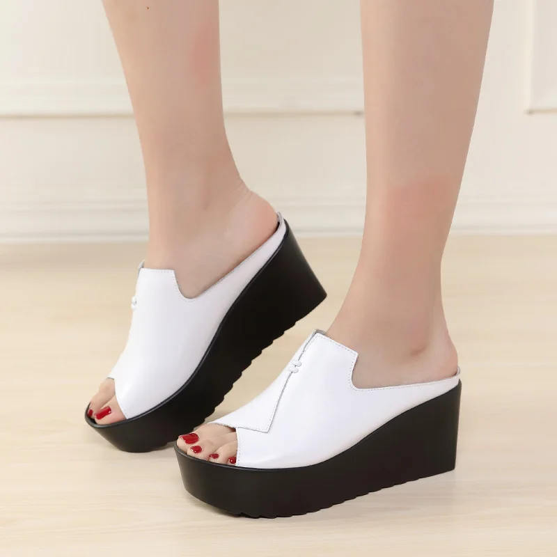 Jzzddown women Slipper women Platform sandals shoes women Genuine Leather Heel Peep Toe sandals shoes ladies Luxury flip-flops