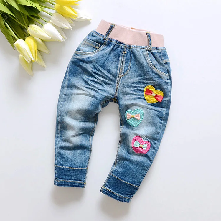 

Free shipping 2018 spring autumn high-grade cotton jeans sweet love girls bow children denim trousers