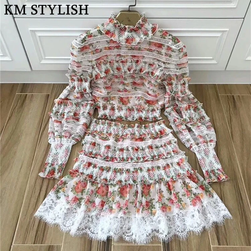 Printed Palace Style Fashion Set Women's 2018 Early Autumn New Lantern Long Sleeve Floral Shirt + Cake Half Skirt Set Women's Sets