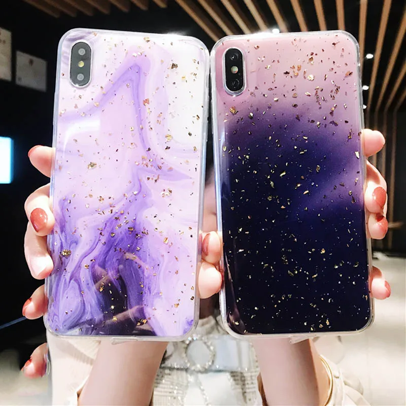

Gold Powder Marble Purple Cases For iPhone XS Max XR XS X 6 6S 7 8 Plus Full Body Soft TPU Epoxy Phone Back Cover Cases Coque