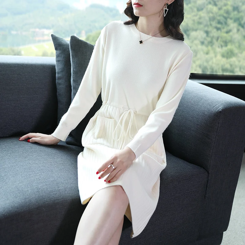 

Autumn Winter Women Dress New Fashion Slim Long-sleeve Knitted Pullover Sweater Dress Round collar Office Knitted Sweater Female