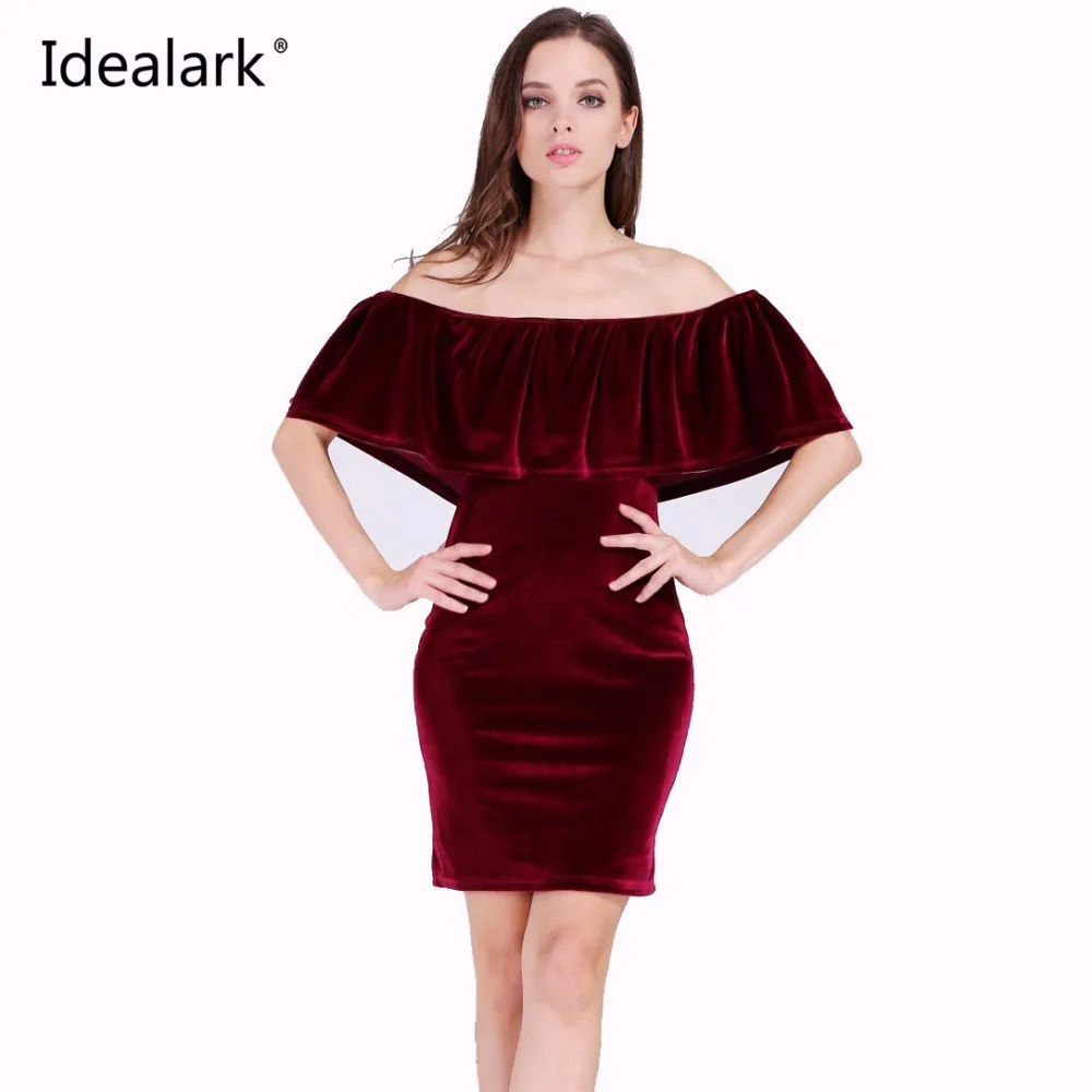 Idealark-2017-Velvet-Bodycon-Dress-Ruffle-Off-The-Shoulder-Sexy-club-Women-Short-Sleeve-solid-color