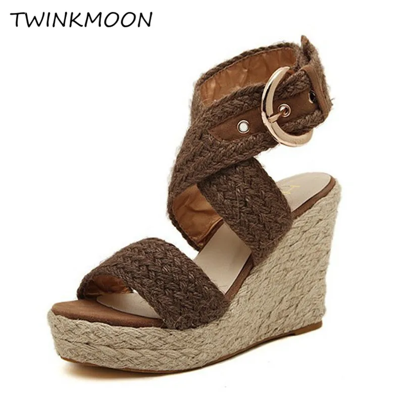 

Flax Hemp Platform Wedge Sandals Shoes 11CM High Heels Open Toe Straw Sole Cross Tie Ankle Buckle 2019 Summer Sandals For Women