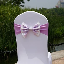 10 шт./лот эластичный повязка из спандекса с галстуком-бабочкой на стул, расшитая пайетками; лента для свадьбы Вечерние украшение на день рождения, вечеринку поставки