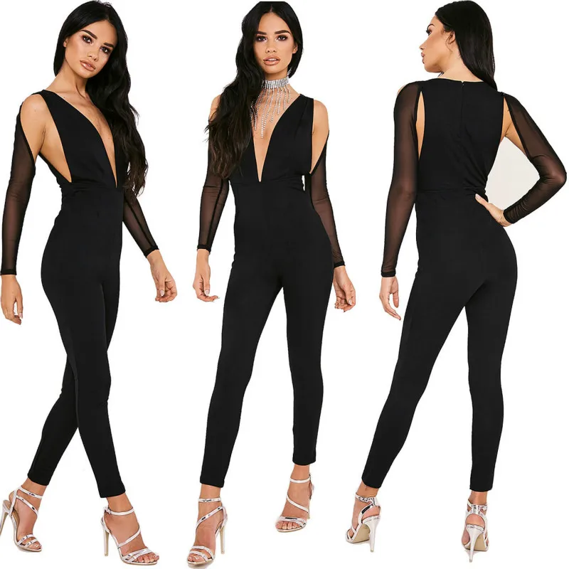 

European and American Sexy Mesh Sleeve Deep V Long Sleeve Shoulder-Exposed Full Length Pants Pencil Pants