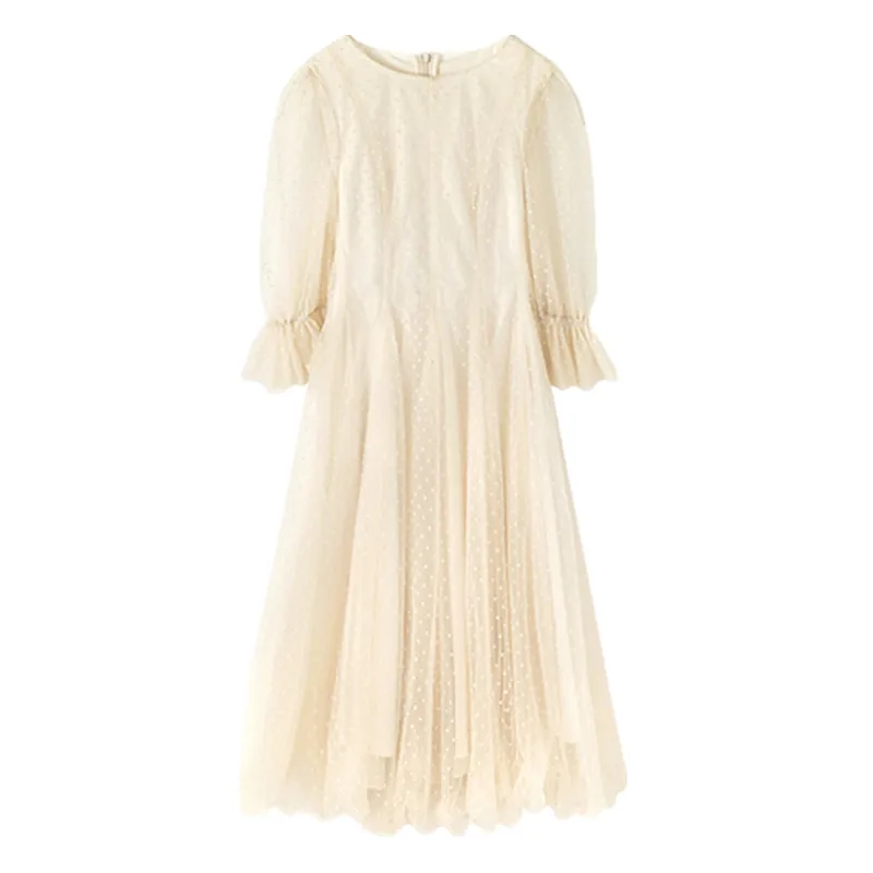 Long Women Dress Summer Vestido Mesh Evening Party Midi Short Sleeve O-neck Bandage Dress Ivory Beige Long Dress Elegant