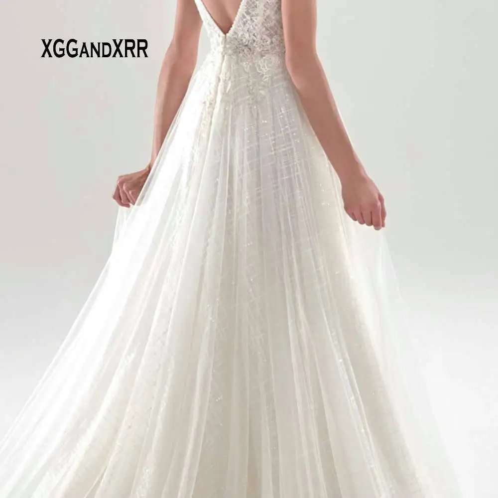 Sexy Deep V Neck Wedding Dress Bridal Gown Lace Applique Shining Fabric Luxury Court Train Backless Plus Size