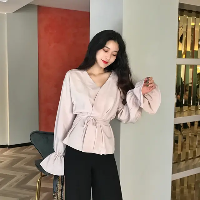 2019 damska bluzka wiosna nowy elegancki Temperament koszule AliExpress V Neck bluzka moda damska Temperament złoty