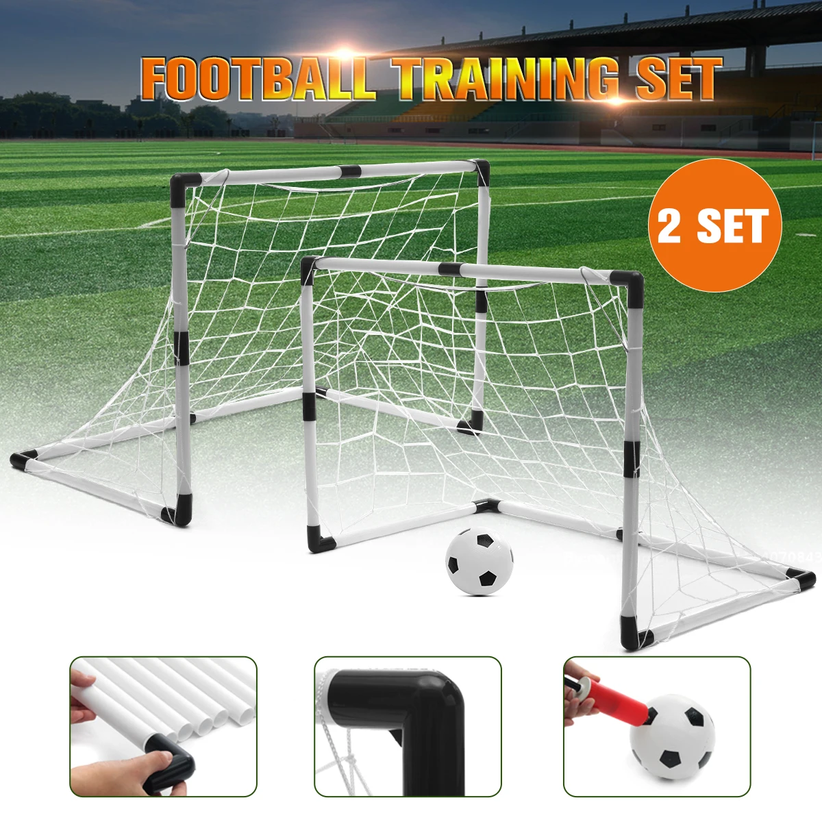 2 Sets Kids Football Soccer Goals Ball Pump Portable Posts Nets Children Indoor Outdoor Practice Scrimmage