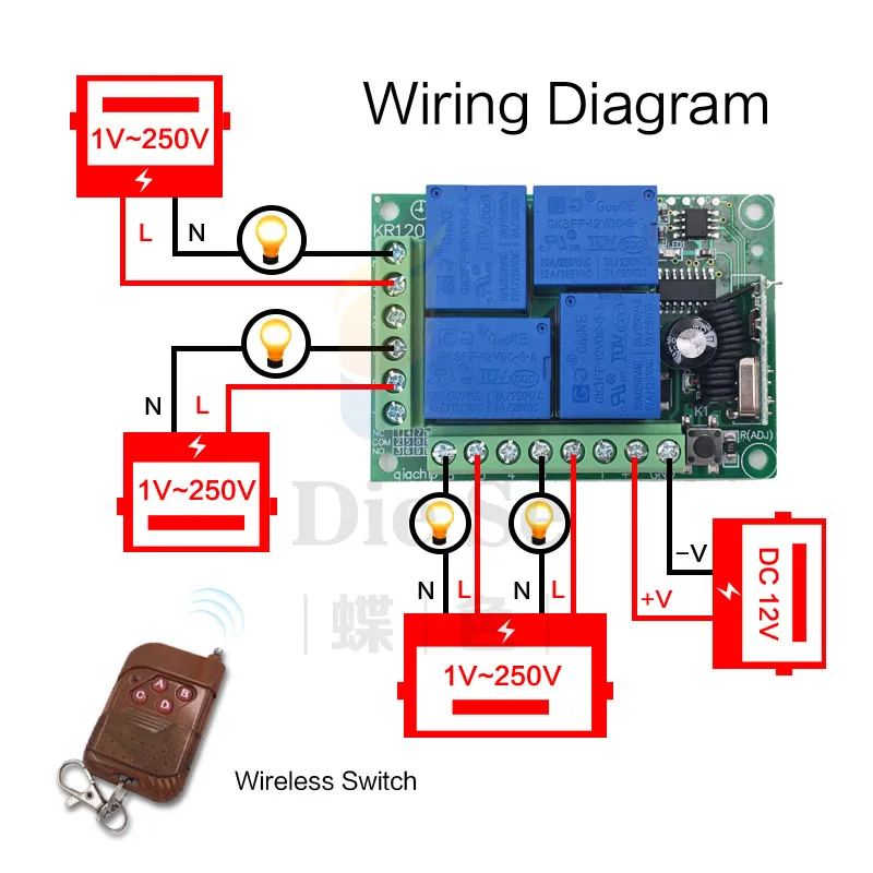 433mhz dc12v 4 gang, receptor e transmissor