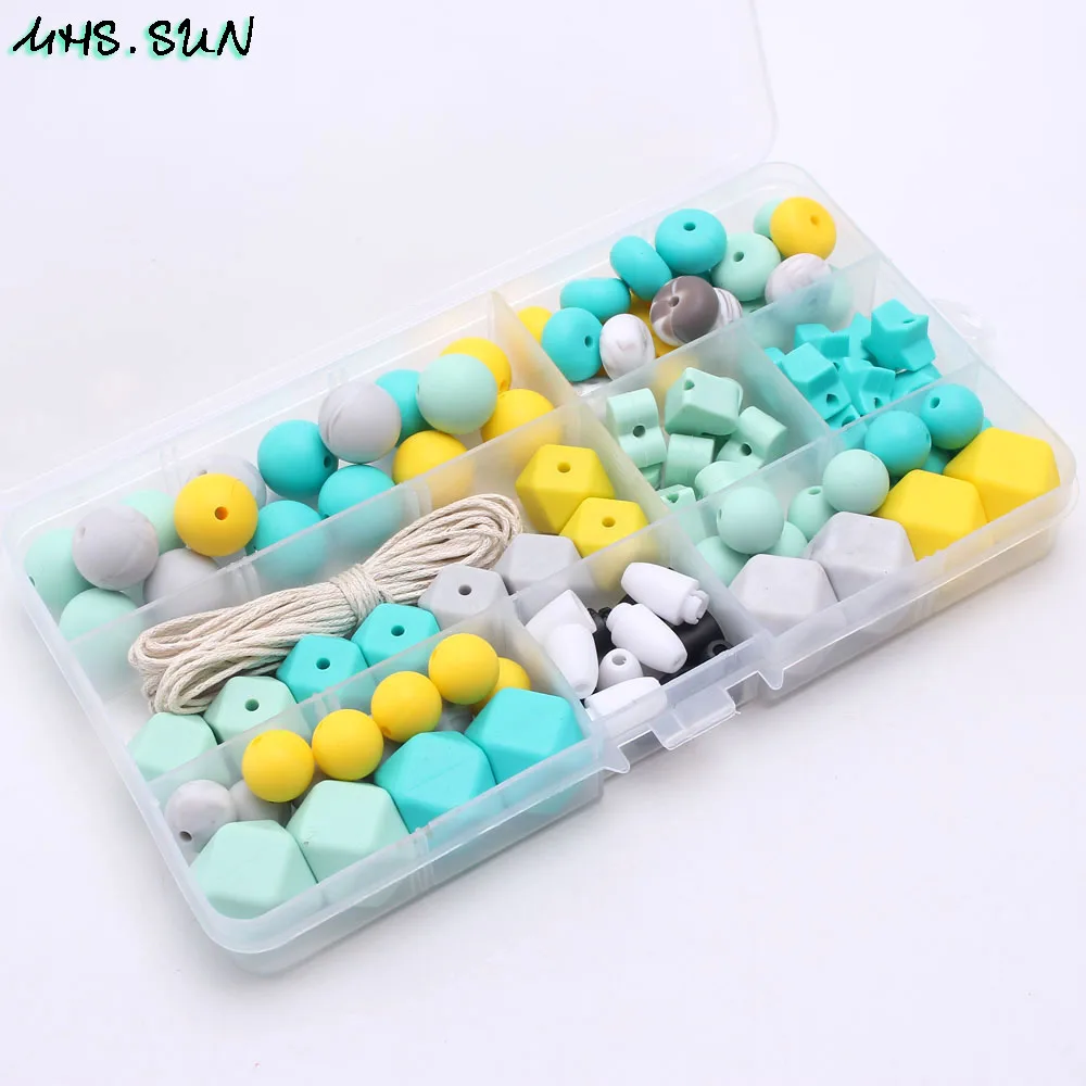 KT007 (1),$22.9.Kids Baby Heart Teething Silicone Beads Set Hexagon Chewable Teether Kits Accessories DIY Make Necklace Pacifier Clips JPG