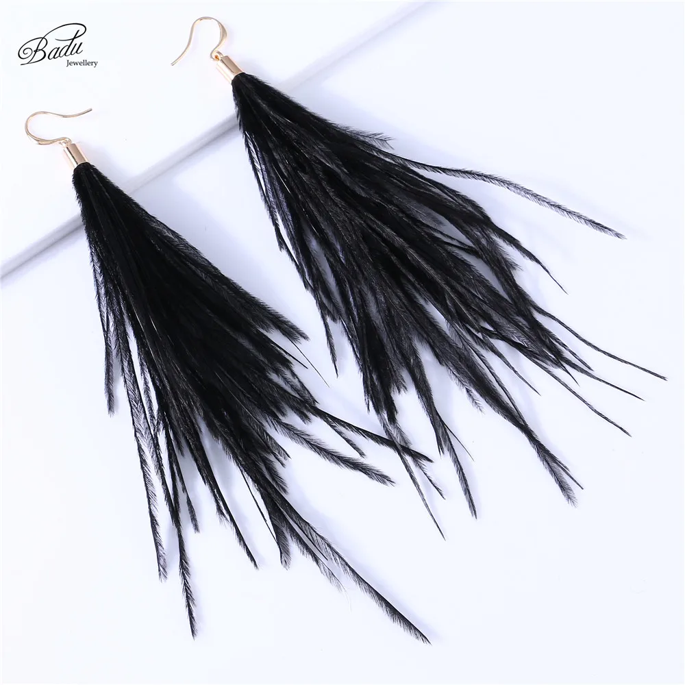Badu, длинные серьги из страусиных перьев,, Женские Висячие серьги, винтажные модные ювелирные изделия, дизайн - Окраска металла: Black Gold 07