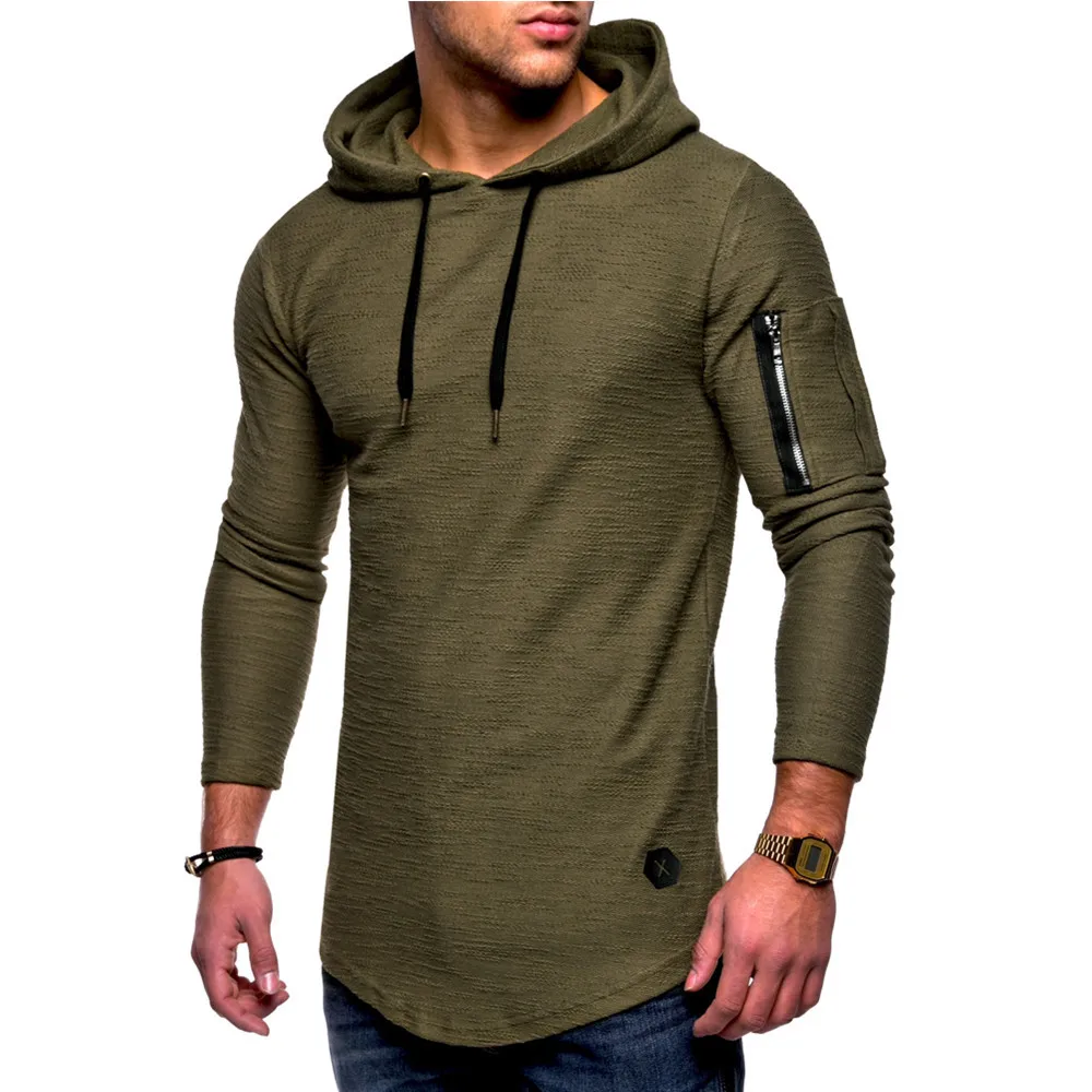 Модная мужская повседневная облегающая футболка с капюшоном, одноцветная футболка с длинным рукавом на молнии в стиле хип-хоп с карманом для телефона - Цвет: Army green