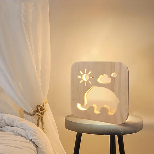 

Simple Solid Wood Handicraft Decorative Wood Lamp Usb Table Lamp Led Gift Romantic Elephant Hollow Pattern