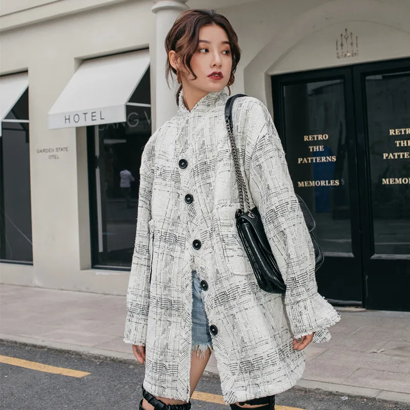 Cheerart Winter Long Wool Coat Women Vintage Plaid Wool Blend Coat White Stand Collar Woolen Outerwear Coat Wool Cape Cloak