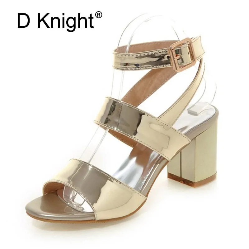 

Fashion Metalic Patent Middle Height High Heels Women Sandals Sexy Open Toe Cross Strap Gladiator Sandals For Women Size 34-43