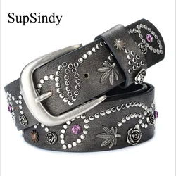 SupSindy Women Belt Luxury Brand Designer Leaves Flowers Rhinestone Rivets Pin Buckle PU Leather Belts for Women Jeans Waistband