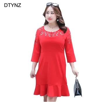 

DTYNZ Elegant Fashion Dress Hollow Out O-neck Fat Large Sexy Dress Half Sleeve Summer Dress Plus Size Red Black Vestido