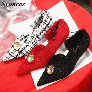 

Red Women Shoes Stiletto Heel Tweed Pumps Slip On Women Pumps Spring Autumn Lattice Pointed Toe Elegant Party Shoes 5cm Med Heel