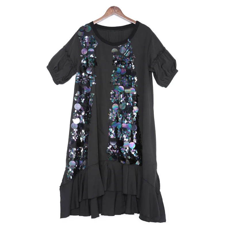 [EAM] Новинка, весенне-Летнее Длинное Платье с круглым вырезом, коротким рукавом, черными пайетками и оборками, большой размер, женская мода, JR7550 - Цвет: black