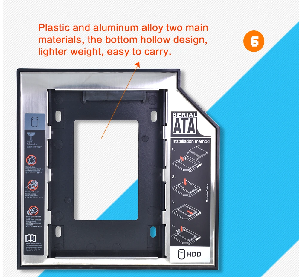 TISHRIC Универсальный алюминиевый пластиковый 2-ой HDD Caddy 12,7 мм SATA3.0 CD-ROM 7-12,5 мм 2," SSD чехол для жесткого диска для ноутбука