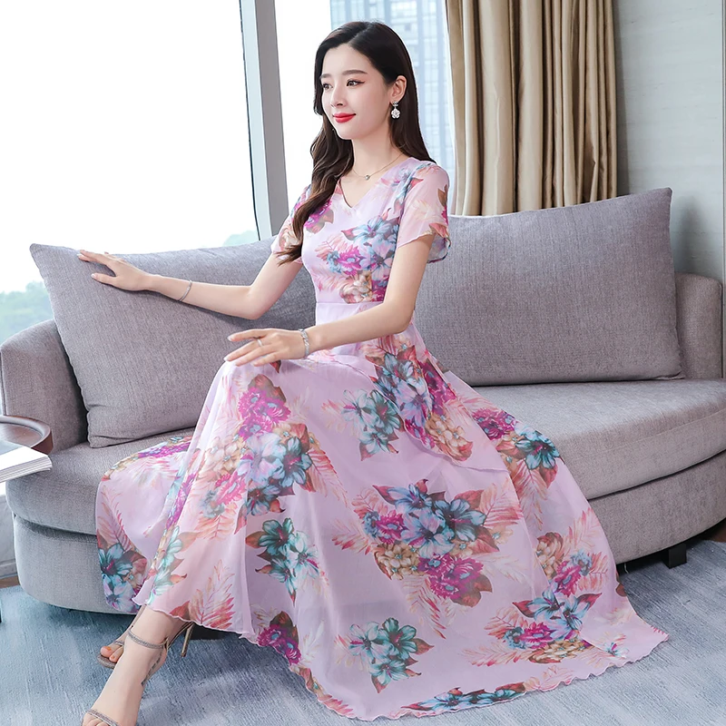 

High Quality Bohemian Style 2019 Summer New Arrival V Collar Flower Printed Short Sleve Woman Long Chiffon Dress