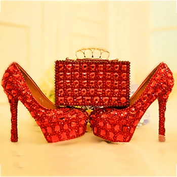 

Wedding Pumps Women Shoes and Bags to Matching Crystal Platform Bride Shoes Silver Red Purse High Heels Genuine Leather Big Size