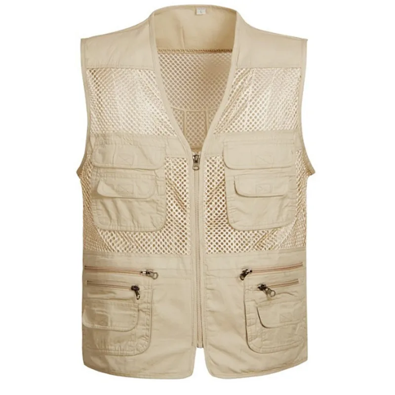 Летний модный дорожный жилет для фотографа жилет с несколькими карманами мужские тонкие повседневные майки больших размеров больших - Цвет: Khaki