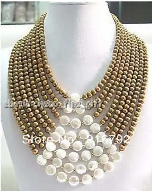 

free shipping >>>>>6-7MM Chocolate FW Pearl & Coin Pearl 8 Rows Necklace