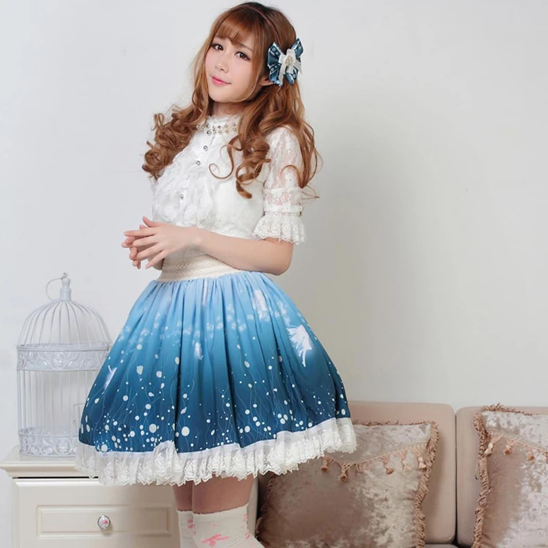 Princess Elf Empire Style Print Lace Mori Blue Cute Autumn Japanese Lolita Skirt Winter Sweet Girl YxqRa6v8nw