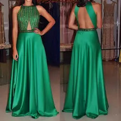Модные топы с бусинами, зеленое платье для выпускного вечера с открытой спиной, ТРАПЕЦИЕВИДНОЕ длинное торжественное платье для свадебной