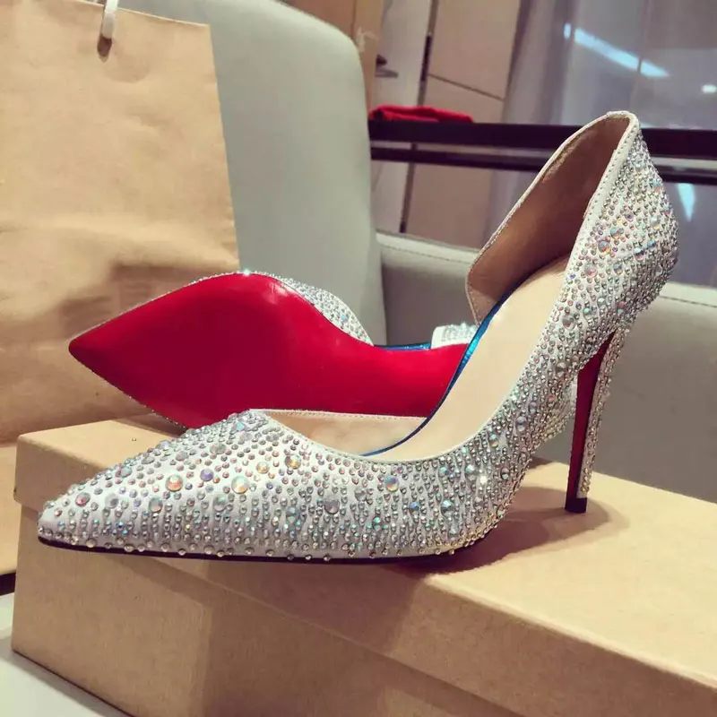 Europe New 2018 Summer Women Fashion Crystal Red Bottom Thin High Heel Pointed Toe Shoes Ladies Wedding Party Silver Pumps Brand Women's Shoes