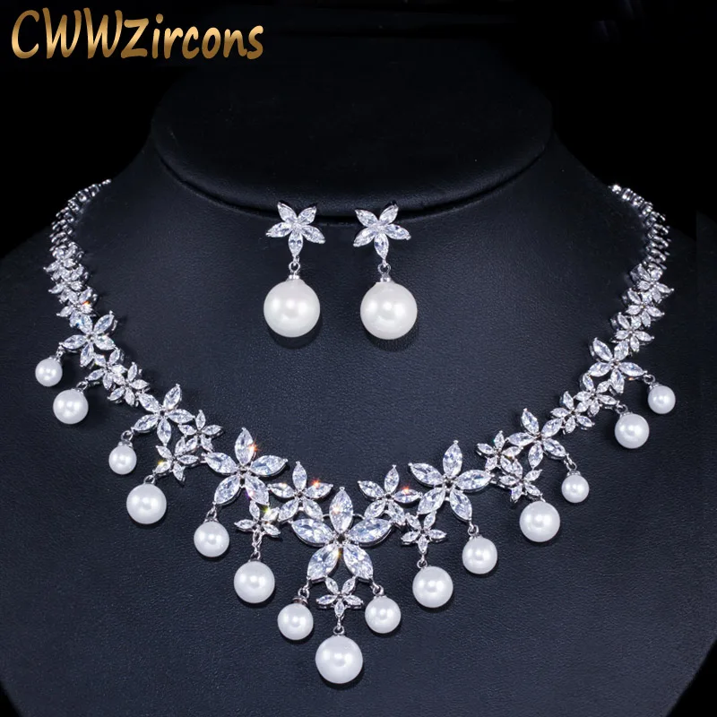 

CWWZircons Shiny Cubic Zirconia Flower Dangling Drop Women Wedding Party Pearl Necklace and Earrings Bridal Jewelry Sets T167