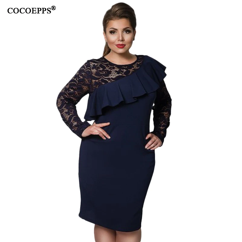 

L-6XL Autumn Women Lace Dress 2019 New 5XL Plus Size Ruffles Bodycon Dress Office Ladies Elegant Big Large Size Party OL Dresses