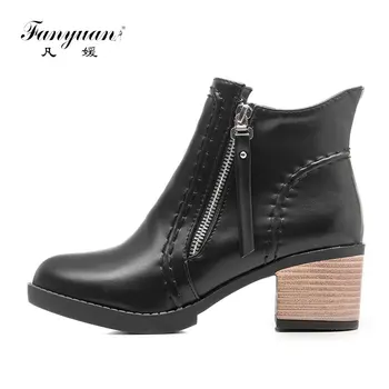 

Fanyuan 2017 Western Style Zipper Autumn Shoes Women Square High Heel Black Ankle Boots Women Concise Fashion Boots Size 43
