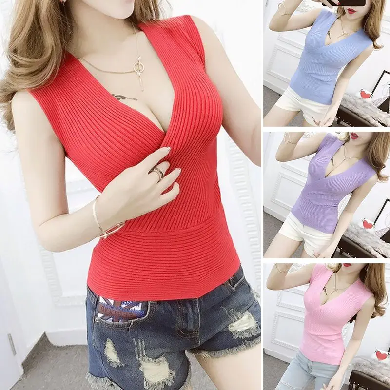 Camiseta Tirantes Mujer, жилет с глубоким v-образным вырезом, летние эластичные облегающие трикотажные топы без рукавов