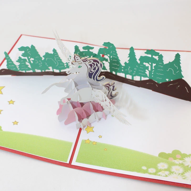  3D Handmade Color Print Cartoon Cloud-stepping Unicorn Paper Invitation Greeting Cards Postcard Kid - 33059742843