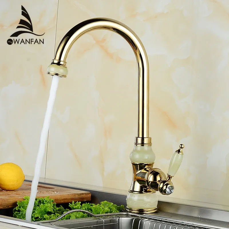 

Kitchen Faucets Brass with Marble Kitchen Crane Single Handle Gold Finish 360 Swivel Mixers Taps Kitchen Tap Sink Mixer U-02