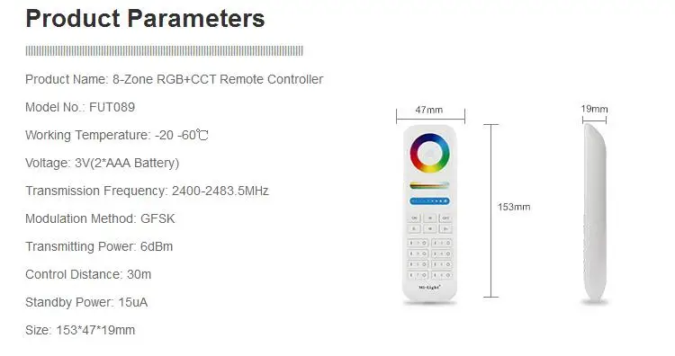 Milight FUT089 2,4 ГГц пульт дистанционного управления 8 зоновый контроллер RGB+ CCT пульт управления работает с LS2 или контроллер регулятора Milight RGB+ CCT светодиодный прожектор