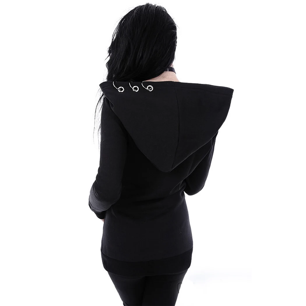 Halloween Gothic Punk Women Hoodies Cool Black Iron Ring Hooded Sweatshirt Tracksuits Retro Zipper Streetwear Pullovers Female