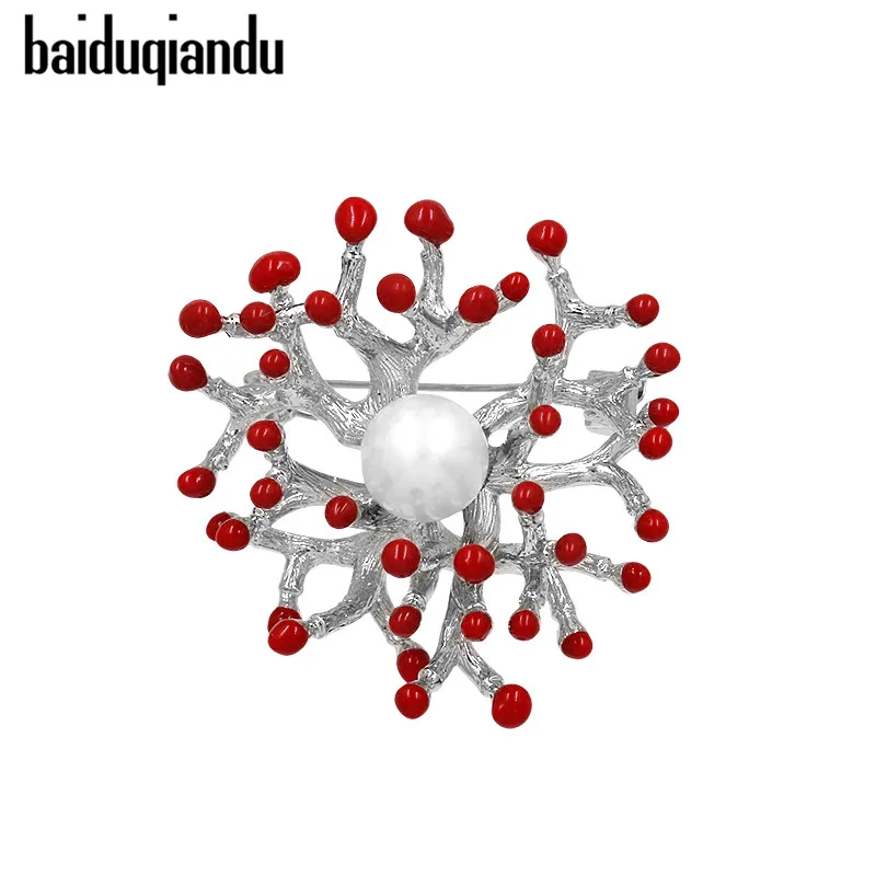 

baiduqiandu Imitation Pearl Brooches Wedding Silver Red Enamel Flower Brooch Pins For Women Fashion Jewelry Dress Accessoris